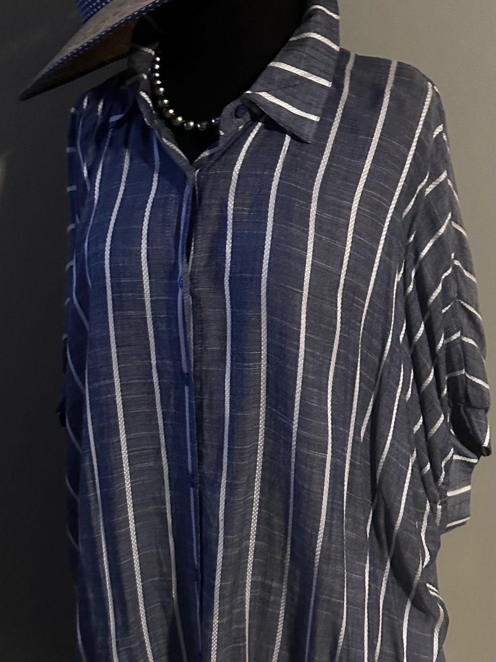 Striped Navy Blue Button-Front Women's Blouse